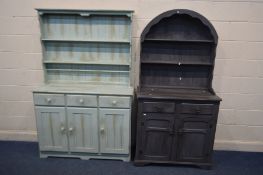 A PINE DRESSER with two drawers, width 120cm x depth 40cm x height 183cm and a Dutch dresser, both