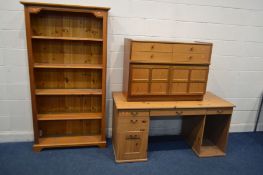 MODERN PINE OPEN BOOKCASE, width 97cm x depth 30cm x height 182cm, along with a pine desk and a