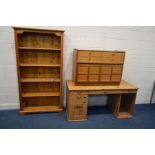 MODERN PINE OPEN BOOKCASE, width 97cm x depth 30cm x height 182cm, along with a pine desk and a