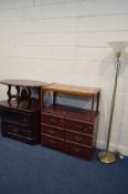 A PAIR OF THREE DRAWER BEDSIDE CABINETS (Sd) along with a tile top coffee table, oval coffee