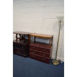 A PAIR OF THREE DRAWER BEDSIDE CABINETS (Sd) along with a tile top coffee table, oval coffee