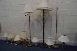 A QUANTITY OF LAMPS to include three standard lamps and eight table lamps include brass lamps, onyx.