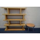 A MODERN BEECH MODULAR OPEN SHELVING, width 160cm x depth 36cm x height 170cm along with a modern