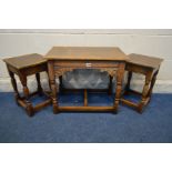 A REPRODUCTION OAK NEST OF THREE TABLES, width 61cm x depth 37cm x height 51cm (fluid damage and