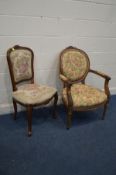 A REPRODUCTION MAHOGANY FRENCH OPEN ARMCHAIR with floral upholstery, and a single chair (2)