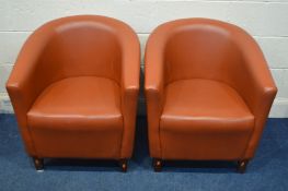 TWO PAIRS OF BROWN LEATHERETTE TUB CHAIRS (paint splashes to one chair)