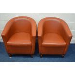 TWO PAIRS OF BROWN LEATHERETTE TUB CHAIRS (paint splashes to one chair)