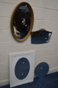 FOUR VARIOUS WALL MIRRORS of various shapes, styles and materials