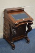 A REPRODUCTION MAHOGANY DAVENPORT, in the Victorian style, blue leather inlay, hinged top