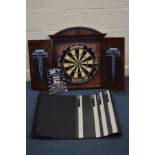 A MAHOGANY CASED TWO DOOR DARTS BOARD, along with a rubber darts mat (2)