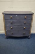 A PAINTED VICTORIAN PINE BOWFRONT CHEST OF TWO SHORT OVER THREE LONG DRAWERS, with turned handles,