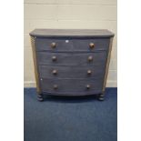 A PAINTED VICTORIAN PINE BOWFRONT CHEST OF TWO SHORT OVER THREE LONG DRAWERS, with turned handles,