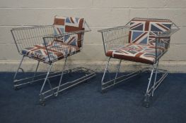 MAX MCMURDO, a pair of the shopping trolley armchairs chairs, covered in union jack upholstery