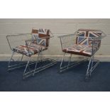 MAX MCMURDO, a pair of the shopping trolley armchairs chairs, covered in union jack upholstery