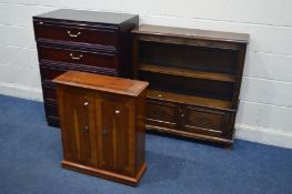A MAHOGANY CHEST OF FIVE DRAWERS (Sd) along with an oak open bookcase and a yewwood two door cabinet