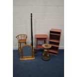 A BEECH CHILDS HIGH CHAIR, along with a pine toilet mirror, painted shelving unit, painted