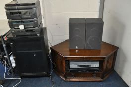 A BLACK ASH GLAZED CUPBOARD, an oak linenfold tv cabinet, a Panasonic DVD player, a JVC video (