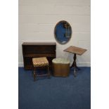 A GEORGIAN MAHOGANY SQUARE TOPPED TILT TOP TRIPOD TABLE, along with an oak open bookcase, oak