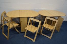 TWO MATCHING MODERN BEECH GATE LEG TABLES, both with four fold away chairs (2)