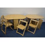 TWO MATCHING MODERN BEECH GATE LEG TABLES, both with four fold away chairs (2)