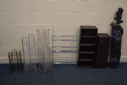 A SELECTION OF METAL DVD RACKS, a Perspex and chrome shoe rack, a leather finish bookshelf and chest