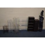 A SELECTION OF METAL DVD RACKS, a Perspex and chrome shoe rack, a leather finish bookshelf and chest