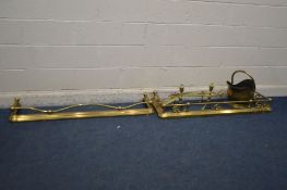 A FIVE PIECE BRASS COMPANION SET, comprising of a pair of fire dogs, fire poker, shovel, tongs,