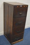 AN EARLY 20TH CENTURY STAINED PINE FOUR DRAWER FILING CABINET, width 51cm x depth 65cm x height