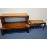 TWO SIZED MANGOWOOD COFFEE TABLES, largest table length 136cm x depth 71cm x height 40cm and a