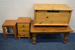 FOUR VARIOUS PIECES OF PINE FURNITURE to include a modern pine blanket chest, width 88cm x depth