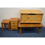 FOUR VARIOUS PIECES OF PINE FURNITURE to include a modern pine blanket chest, width 88cm x depth