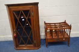 AN OVERSTAINED GLAZED SINGLE DOOR HANDING CORNER CUPBOARD (Sd) and a mahogany canterbury (2)