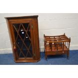 AN OVERSTAINED GLAZED SINGLE DOOR HANDING CORNER CUPBOARD (Sd) and a mahogany canterbury (2)