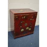 A RED LAQUERED AND CHINOISERIE TWO DOOR TV CABINET, with hide away doors and internal compartment,