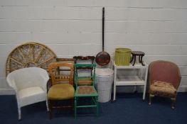 A QUANTITY OF OCCASIONAL FURNITURE to include a painted Lloyd loom bucket chair, five various