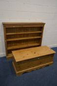 A PINE BLANKET CHEST, width 122cm x depth 48cm x height 49cm and a pine open bookcase with triple