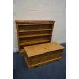 A PINE BLANKET CHEST, width 122cm x depth 48cm x height 49cm and a pine open bookcase with triple