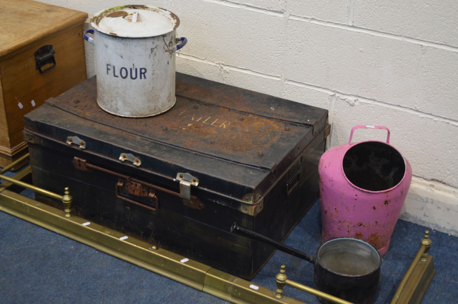 A VINTAGE TIN TRUNK, along with an extending brass fender, enamelled flour bin, painted bucked, - Image 2 of 4