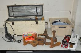 A WOODEN TOOLBOX WITH TOOLS including a Black and Decker heat gun (untested) and a box containing