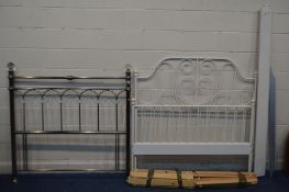 A MODERN WHITE PAINTED 4FT6 METAL BEDSTEAD with siderails and slats together with a modern nickel