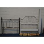 A MODERN WHITE PAINTED 4FT6 METAL BEDSTEAD with siderails and slats together with a modern nickel