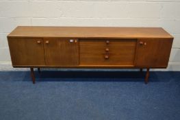 AN AVALON TEAK SIDEBOARD, with double and single cupboard doors flanking three graduated drawers,