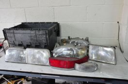 A BOX CONTAINING VINTAGE FORD CAR HEAD AND TAILLIGHTS from Mk 6 Escort, Granada Ultima and Mk3
