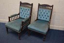 A PAIR OF EDWARDIAN MAHOGANY LADIES AND GENTS CHAIRS