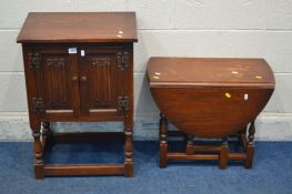 AN OLD CHARM OAK TWO DOOR CABINET along with an oval drop leaf occasional table (Sd to table top) (