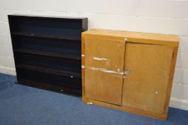 A BEECH TWO DOOR CABINET, width 122cm x depth 39cm x height 107cm and a stained wood open