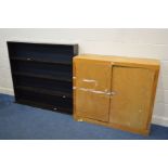 A BEECH TWO DOOR CABINET, width 122cm x depth 39cm x height 107cm and a stained wood open