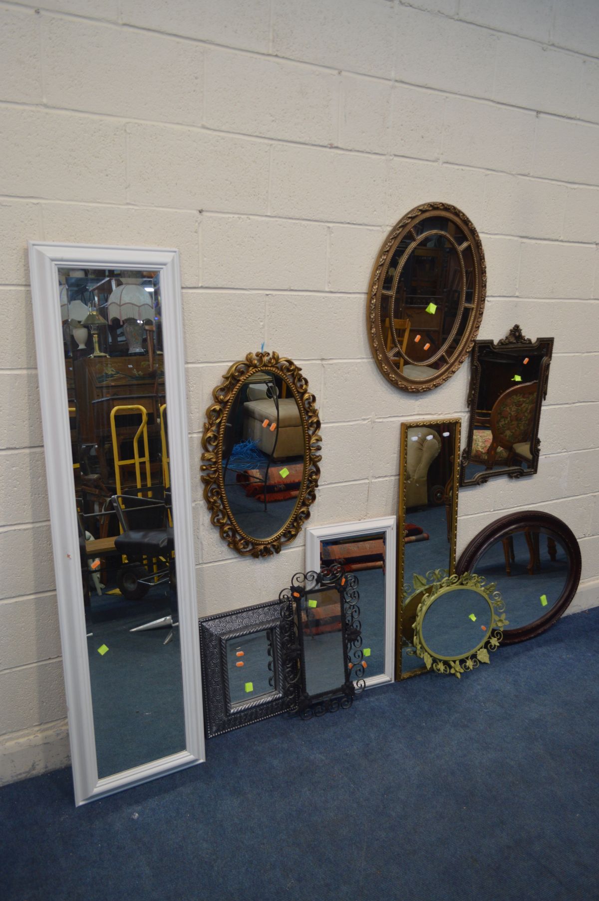 TEN VARIOUS WALL MIRRORS OF VARIOUS STYLES, SIZES MATERIALS