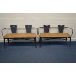 A PAIR OF INDUSTRIAL METAL AND OAK TWO SEATER SETTEES, width 136cm x depth 53cm x height 79cm
