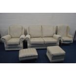 A CREAM UHOLSTERED FIVE PIECE LOUNGE SUITE, with reversable floral and stripped cushions, comprising